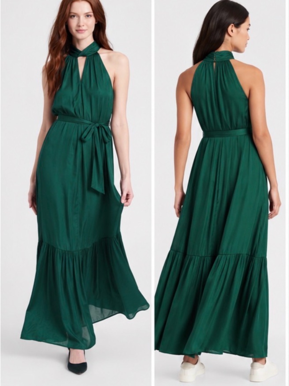 Banana Republic Emerald Green Halter Tiered Maxi Dress Belted Size 0